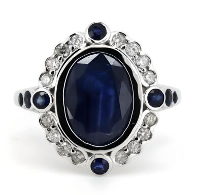 14K White Gold, Blue Sapphire and Diamond, Vintage Style Ring