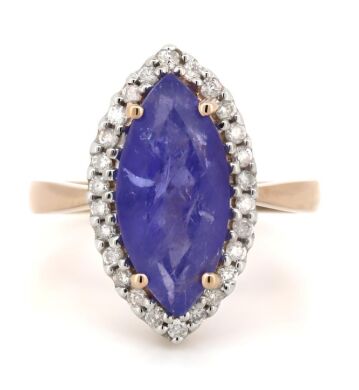 14K Rose Gold, Tanzanite and Diamond, Marquise Halo Ring