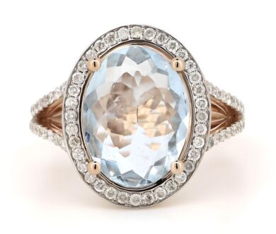 14K Rose Gold, Aquamarine and Diamond, Halo Ring