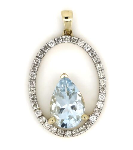 14K Yellow Gold, Aquamarine and Diamond, Halo Pendant