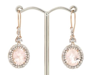 14K Rose Gold, Morganite and Diamond, Antique Style Halo Drop Earrings