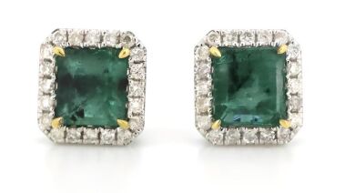 14K White Gold, Emerald and Diamond, Halo Stud Earrings