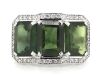 14K White Gold, Green Sapphire and Diamond, Halo Trilogy Style Ring