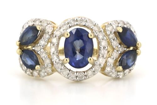 14K Yellow Gold, Blue Sapphire and Diamond, Decorative Halo Ring