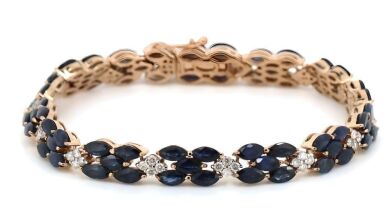 14K Rose Gold, Blue Sapphire and Diamond, Decorative Line Bracelet