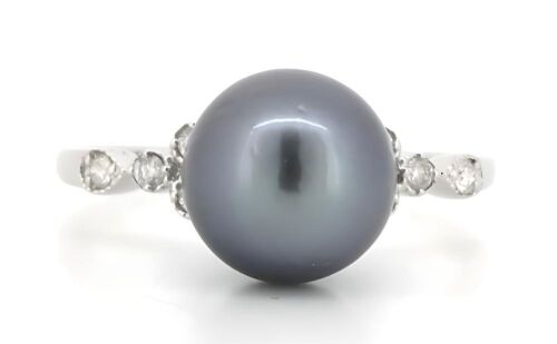 14K White Gold, Black Tahitian Pearl and Diamond, Decorative Ring