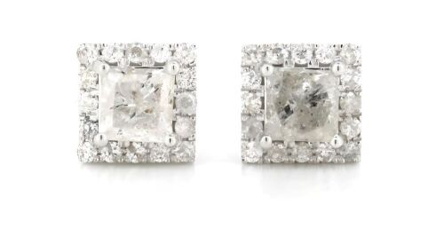 14K White Gold and Diamond, Square Halo Stud Earrings