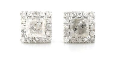 14K White Gold and Diamond, Square Halo Stud Earrings