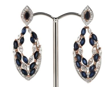 14K Rose Gold, Blue Sapphire and Diamond, Drop Earrings