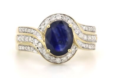 14K Yellow Gold, Blue Sapphire and Diamond, Halo Ring