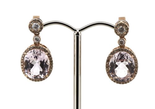 14K Rose Gold, Kunzite and Diamond, Halo Drop Earrings