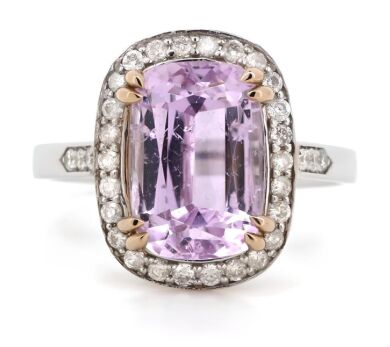 14K White/Rose Gold, Kunzite and Diamond, Halo Ring