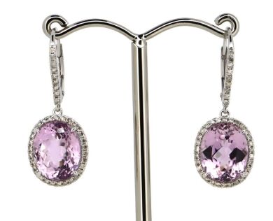 14K White Gold, Kunzite and Diamond, Halo Drop Earrings