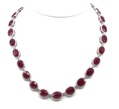 950 Platinum, 104.10ct TSW Ruby and Diamond, Halo Necklace