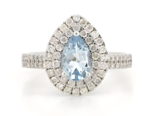 14K White Gold, Aquamarine and Diamond, Double Halo Ring