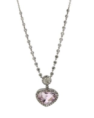 14K White Gold, 7.59ct Kunzite and Diamond, Halo Pendant Necklace