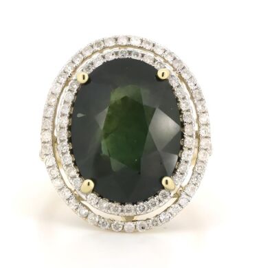 14K Yellow Gold, 16.13ct Green Sapphire and Diamond, Double Halo Cocktail Ring