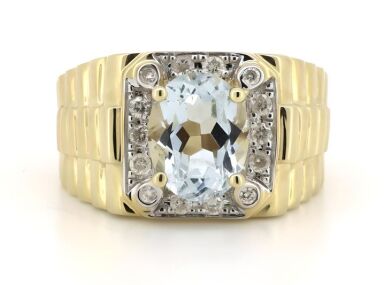 14K Yellow/White Gold, Aquamarine and Diamond, Gents Ring