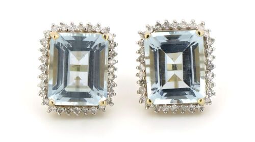 14K Yellow Gold, Aquamarine and Diamond, Halo Stud Earrings