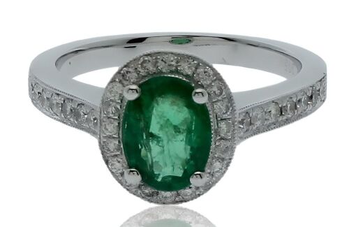 9K White Gold Emerald and Diamond Halo Dress Ring