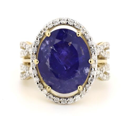 14K Yellow Gold, 11.36ct Tanzanite and Diamond, Vintage Style Halo Cocktail Ring