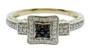 9K Yellow Gold Black and White Diamond Dress Ring