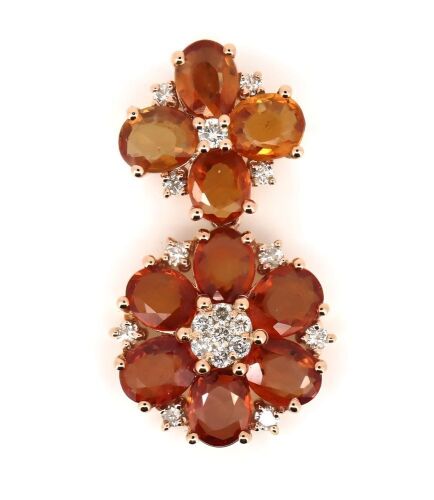 14K Rose Gold, Orange Sapphire and Diamond, Double Flower Drop Pendant