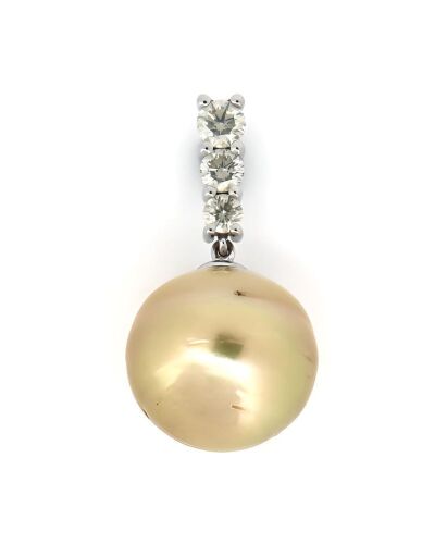 14K White Gold, Golden Cultured South Sea Pearl and Diamond, Drop Pendant