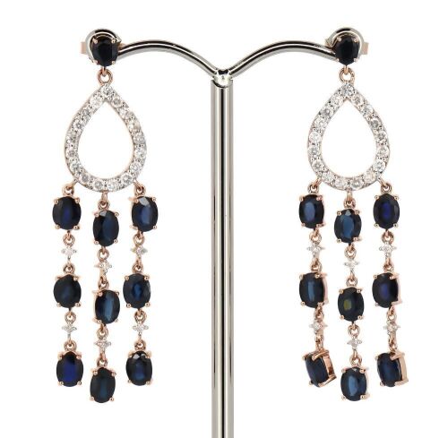 14K Rose Gold, Blue Sapphire and Diamond, Chandelier Style Drop Earrings