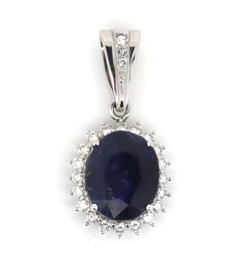 18K White Gold, Blue Sapphire and Diamond, Antique Style Halo Pendant