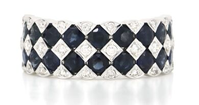 14K White Gold, Blue Sapphire and Diamond, Decorative Band Ring