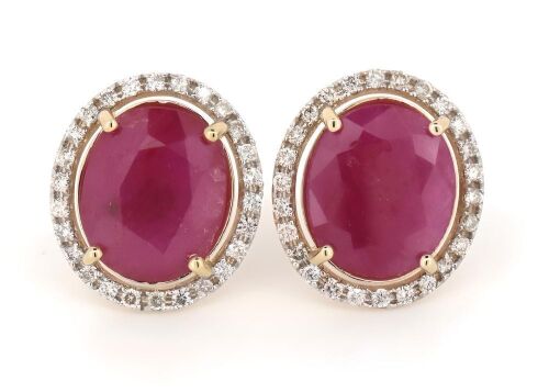 14K Yellow Gold, 9.74ct TSW Ruby and Diamond, Halo Stud Earrings