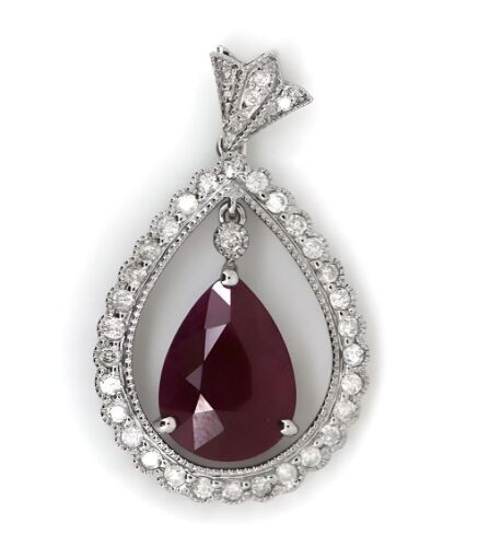 14K White Gold, Ruby and Diamond, Vintage Inspired Halo Pendant