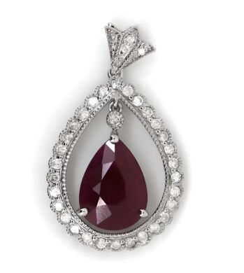 14K White Gold, Ruby and Diamond, Vintage Inspired Halo Pendant