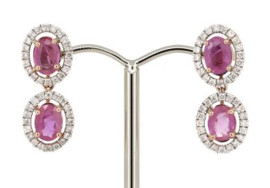 14K Rose Gold, Pink Sapphire and Diamond, Halo Drop Earrings