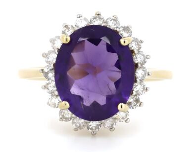 14K Yellow Gold, Amethyst and Diamond, Vintage Inspired Halo Ring