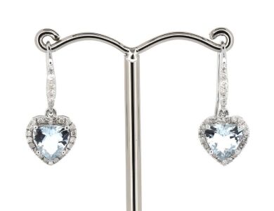 14K White Gold, Aquamarine and Diamond, Halo Heart Earrings