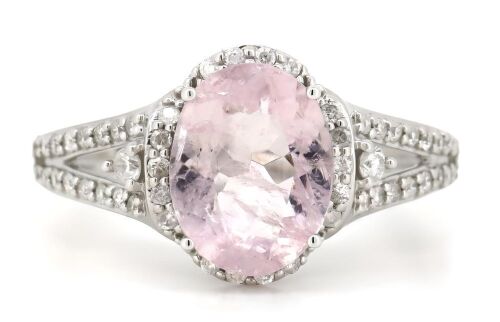 14K White Gold, Morganite and Diamond, Halo Ring