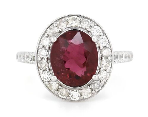 14K White Gold, Pink Tourmaline and Diamond, Halo Ring