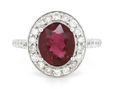 14K White Gold, Pink Tourmaline and Diamond, Halo Ring