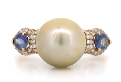 14K Rose Gold, Cultured South Sea Pearl, Blue Sapphire and Diamond, Vintage Style Ring