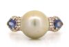 14K Rose Gold, Cultured South Sea Pearl, Blue Sapphire and Diamond, Vintage Style Ring