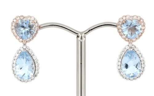 14K Rose/White Gold, Aquamarine and Diamond, Double Drop Halo Earrings