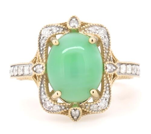 14K Yellow Gold, Jade and Diamond, Antique Style Halo Ring