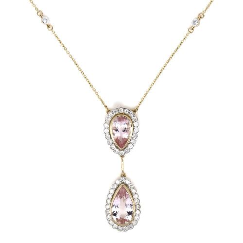 14K Yellow Gold, Morganite and Diamond, Double Drop Halo Pendant Necklace