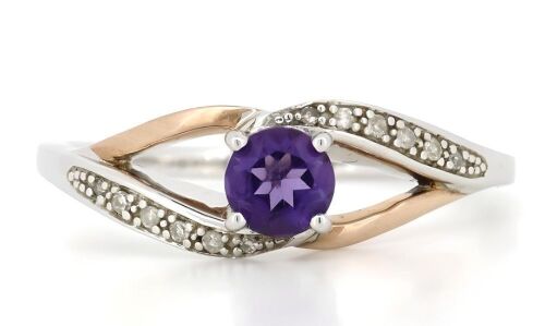 925 Sterling Silver & 9K Rose Gold, Amethyst and Diamond, Infinity Design Ring