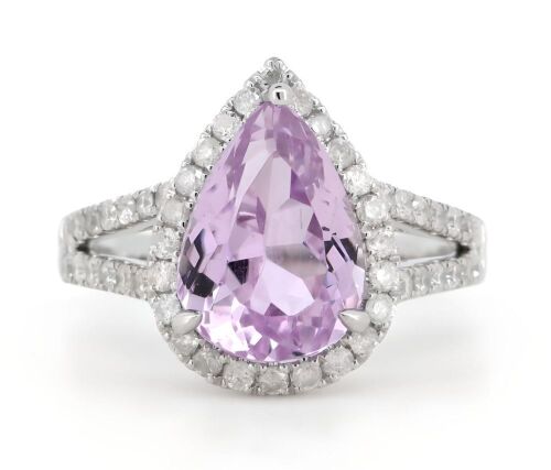 14K White Gold, Kunzite and Diamond, Halo Ring