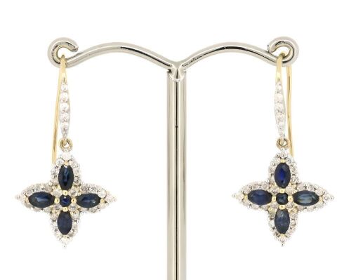 14K Yellow Gold, Blue Sapphire and Diamond, Decorative Drop Earrings