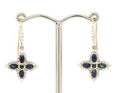 14K Yellow Gold, Blue Sapphire and Diamond, Decorative Drop Earrings