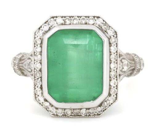 14K White Gold, 6.95ct Colombian Emerald and Diamond, Cocktail Ring